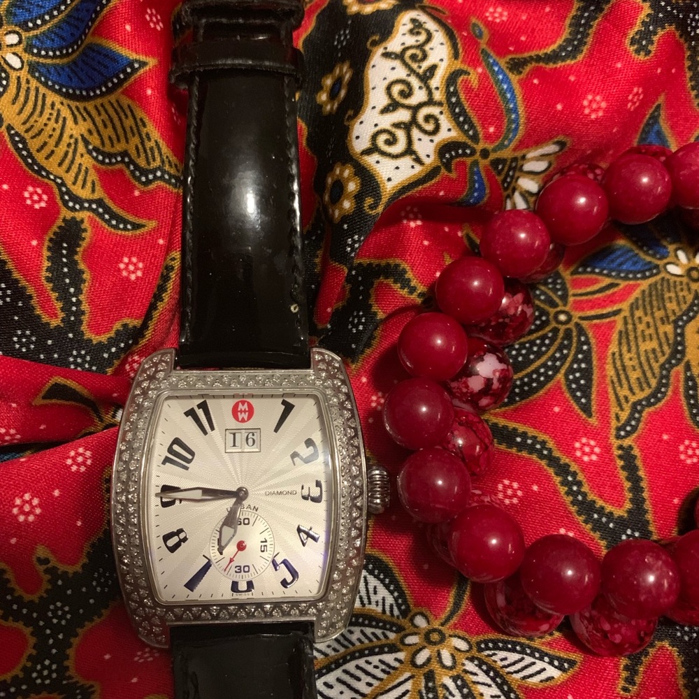 Michele urban watch with black patent leather band